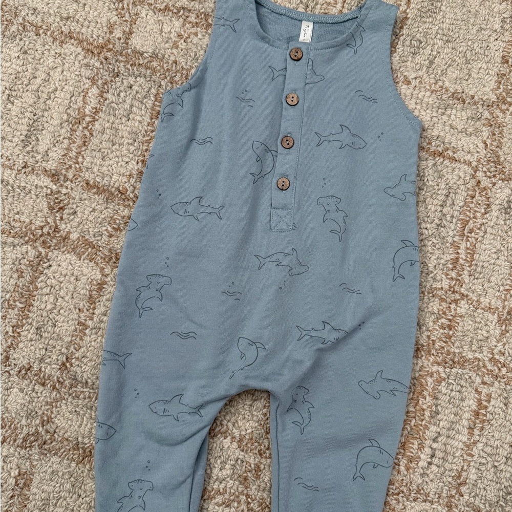 Rylee + Cru Blue Shark Print Baby Romper